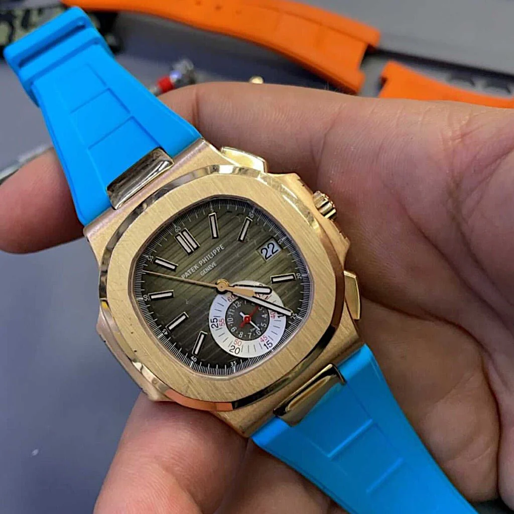 FKM Vulcanized Blue Marbella Rubber Strap for Patek Nautilus - Image 5