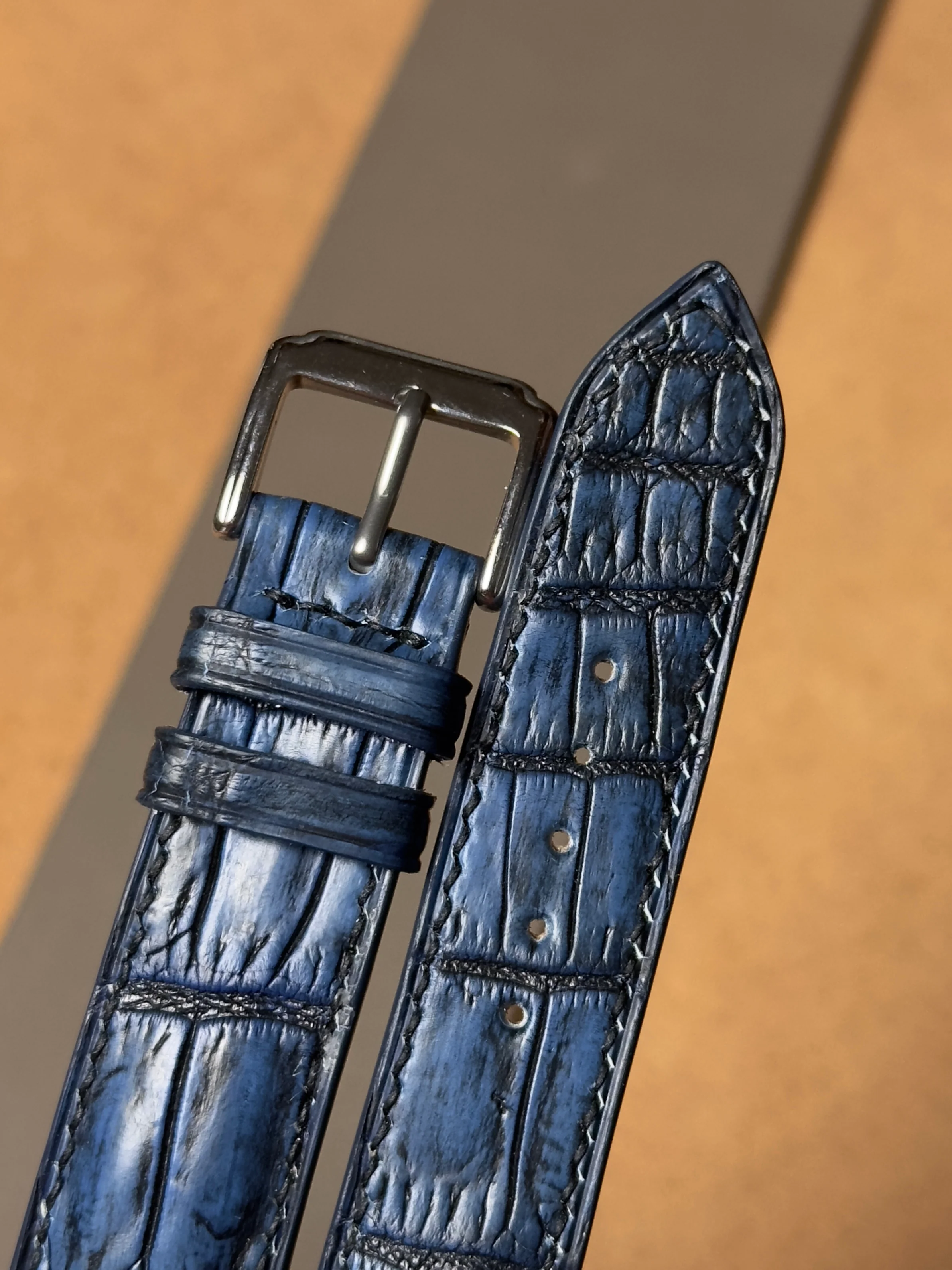 Ręcznie robiony pasek ze skóry krokodyla - two-tone granatowy - Image 4